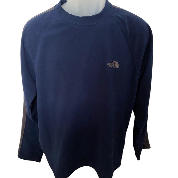 NORTH FACE Blue W/ Gray Stripe Fleece Pullover Sweatshirt Men L Large - Picture 1 of 6